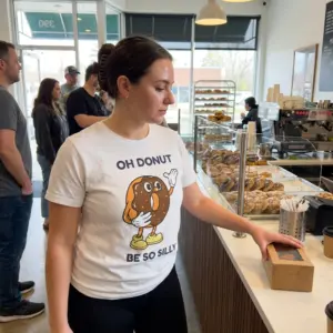 Oh Donut Be So Silly Funny Retro Cartoon Donut T-Shirt 10 Lifestyle setting showing the Oh Donut Be So Silly shirt with its vintage cartoon donut graphic.