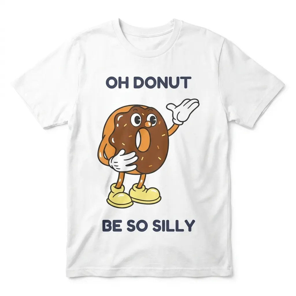Front flat lay of a white t-shirt featuring a retro cartoon chocolate donut and text reading Oh Donut Be So Silly.