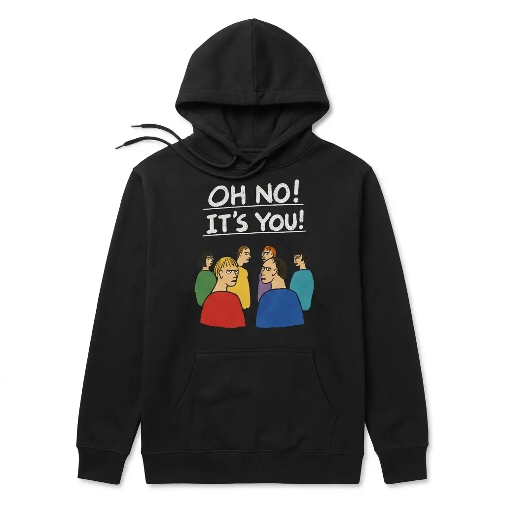Oh No It's You Awkward Crowd Glare Cartoon T-Shirt 2 Cozy pullover hoodie displaying black tee front print reading OH NO ITS YOU above six cartoon characters glaring over their shoulders