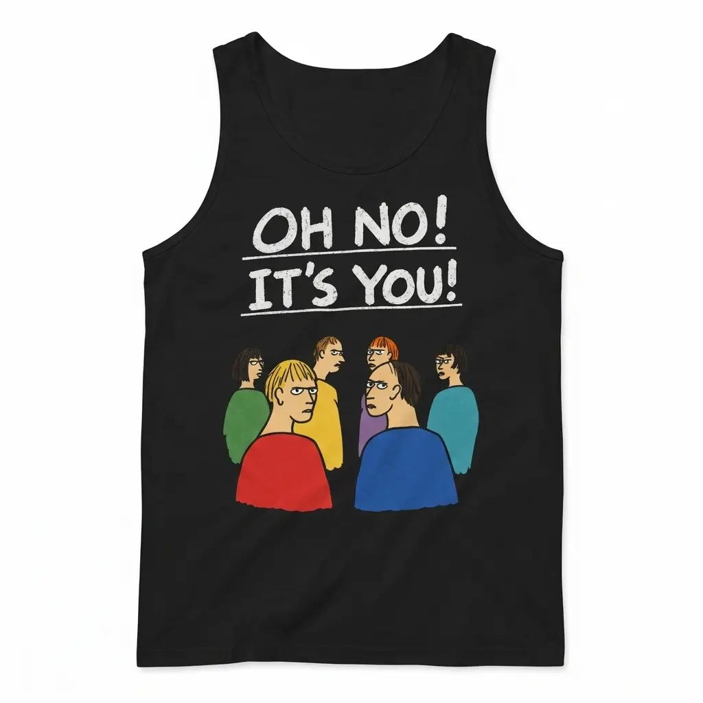 Oh No It's You Awkward Crowd Glare Cartoon T-Shirt 3 Sleeveless casual tank top with black tee front print reading OH NO ITS YOU above six cartoon characters glaring over their shoulders