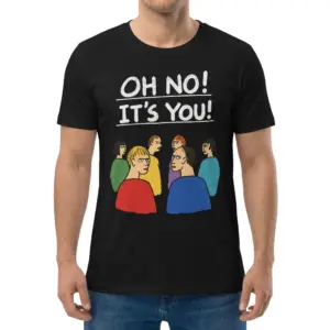Oh No It's You Awkward Crowd Glare Cartoon T-Shirt 9 Man wearing black graphic tee with black tee front print reading OH NO ITS YOU above six cartoon characters glaring over their shoulders
