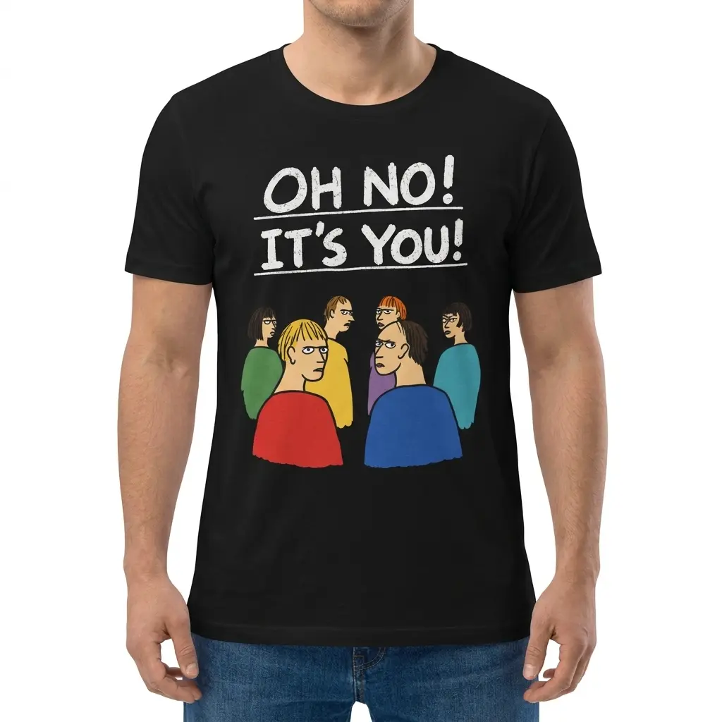 Oh No It's You Awkward Crowd Glare Cartoon T-Shirt 4 Man wearing black graphic tee with black tee front print reading OH NO ITS YOU above six cartoon characters glaring over their shoulders