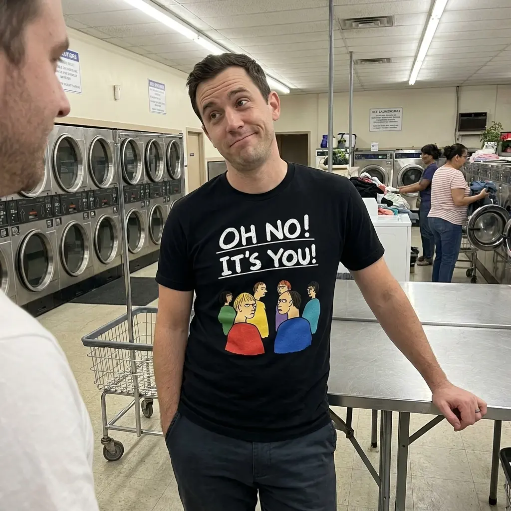 Oh No It's You Awkward Crowd Glare Cartoon T-Shirt 5 Everyday streetwear outfit styling black shirt with black tee front print reading OH NO ITS YOU above six cartoon characters glaring over their shoulders