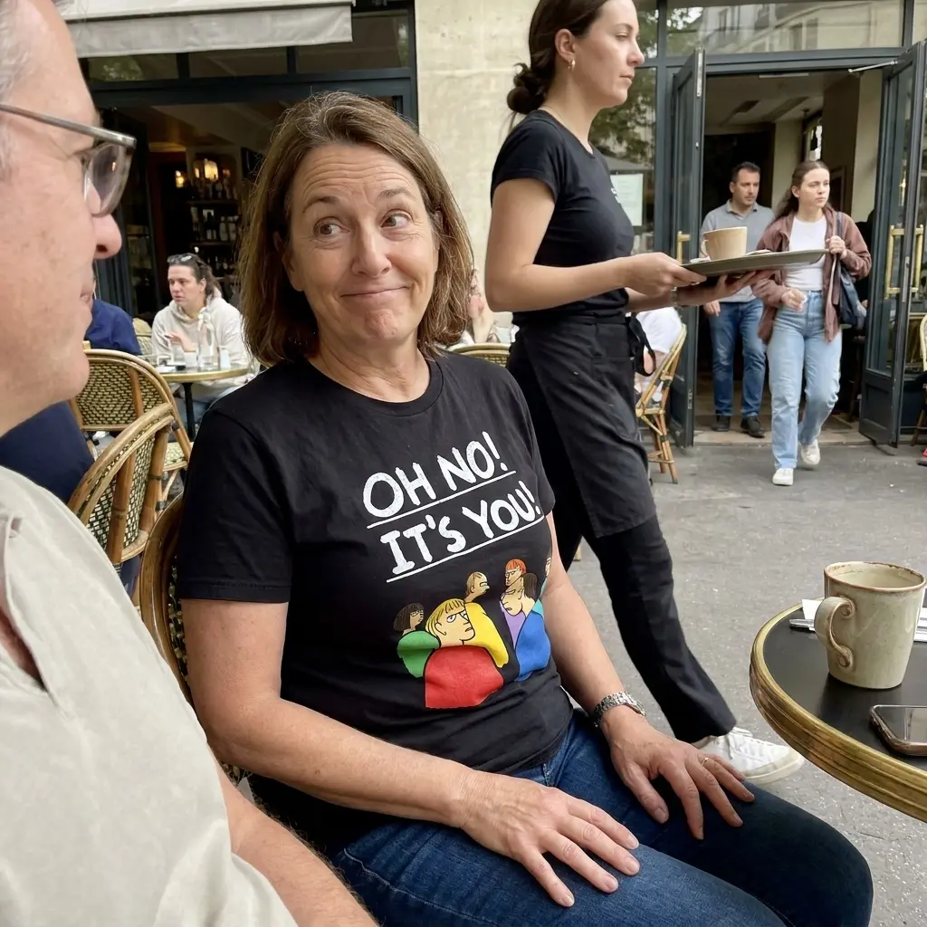 Oh No It's You Awkward Crowd Glare Cartoon T-Shirt 6 Close-up casual look showcasing black tee and black tee front print reading OH NO ITS YOU above six cartoon characters glaring over their shoulders