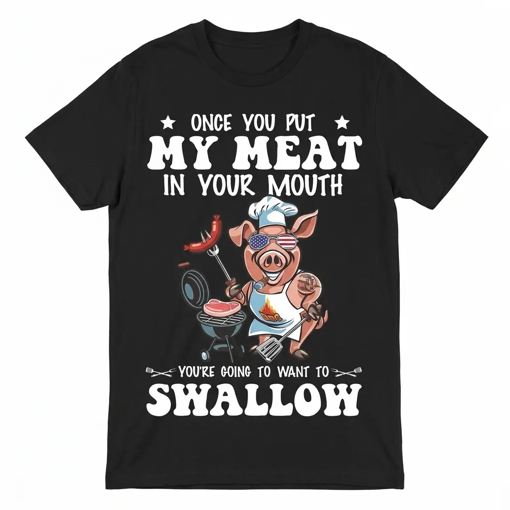 Once You Put My Meat In Your Mouth BBQ Chef T-Shirt 1 Front flat lay of a black t-shirt featuring a funny cartoon pig chef grilling meat and humorous BBQ text.