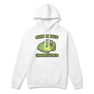 Overworked Underfucked Funny Exhausted Frog T-Shirt 7 Front flat lay of a hoodie printed with the funny tired green frog and Overworked Underfucked design.