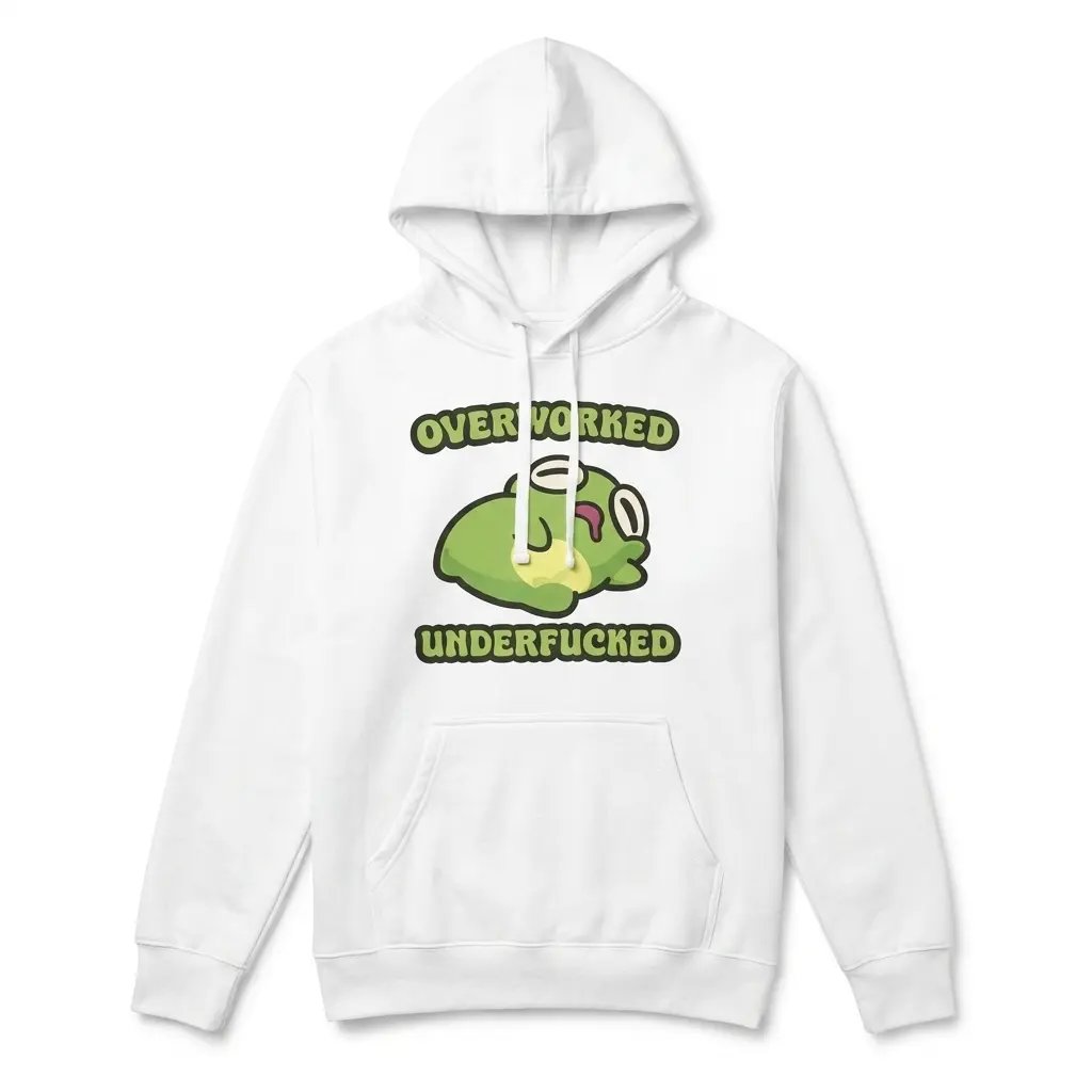 Overworked Underfucked Funny Exhausted Frog T-Shirt 2 Front flat lay of a hoodie printed with the funny tired green frog and Overworked Underfucked design.