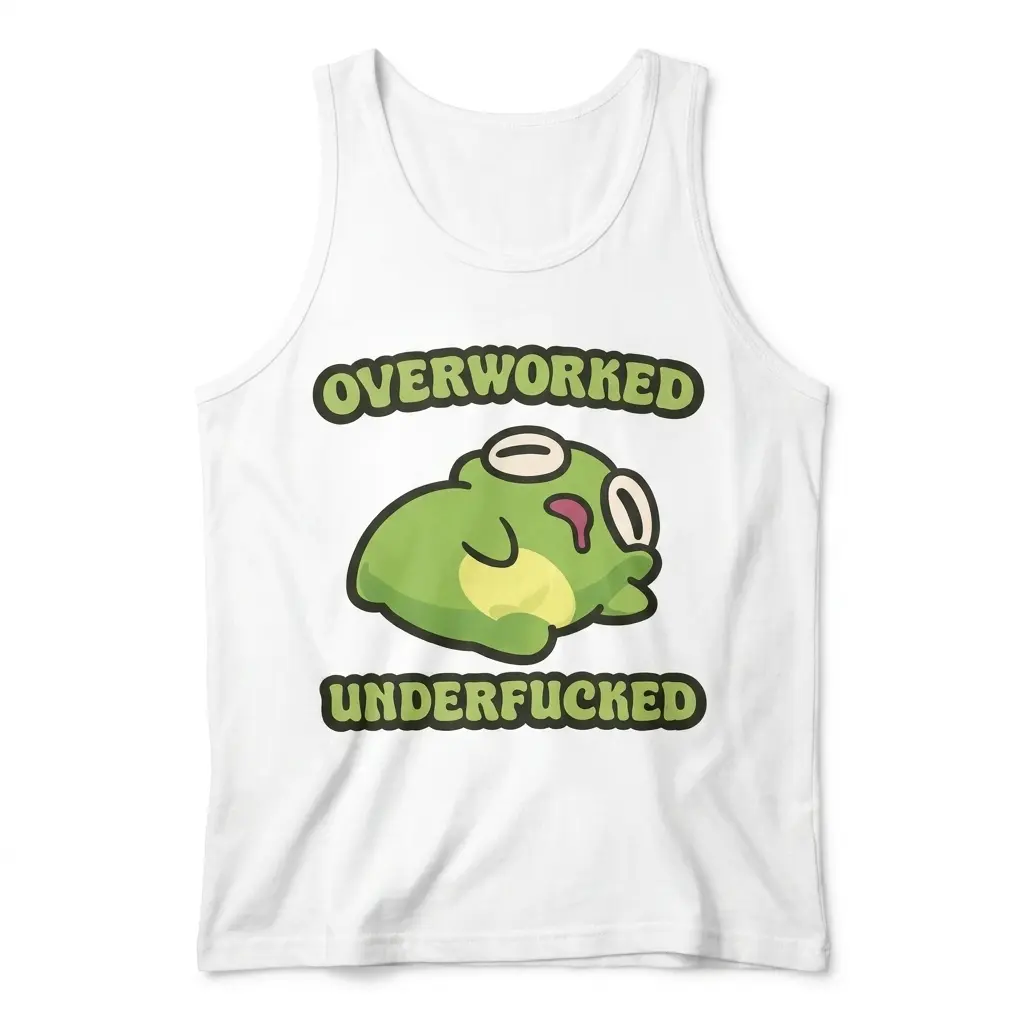 Overworked Underfucked Funny Exhausted Frog T-Shirt 3 Front flat lay of a tank top featuring the cartoon overworked frog graphic with humorous text.
