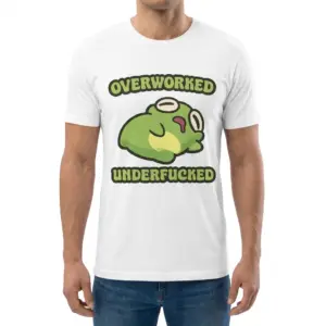 Overworked Underfucked Funny Exhausted Frog T-Shirt 9 Front view of a man wearing the Overworked Underfucked funny exhausted frog graphic t-shirt.