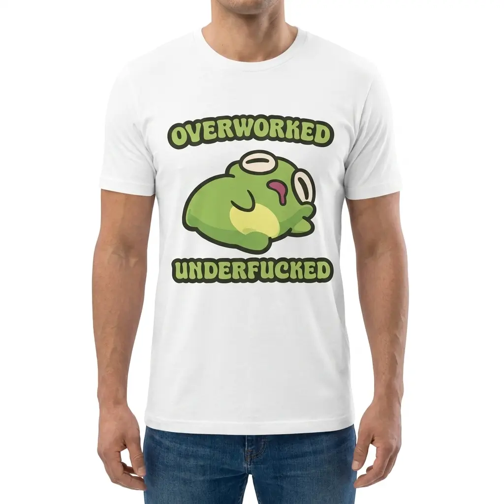 Overworked Underfucked Funny Exhausted Frog T-Shirt 4 Front view of a man wearing the Overworked Underfucked funny exhausted frog graphic t-shirt.