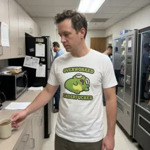 Overworked Underfucked Funny Exhausted Frog T-Shirt 10 Lifestyle view showcasing the Overworked Underfucked exhausted frog t-shirt in everyday wear.
