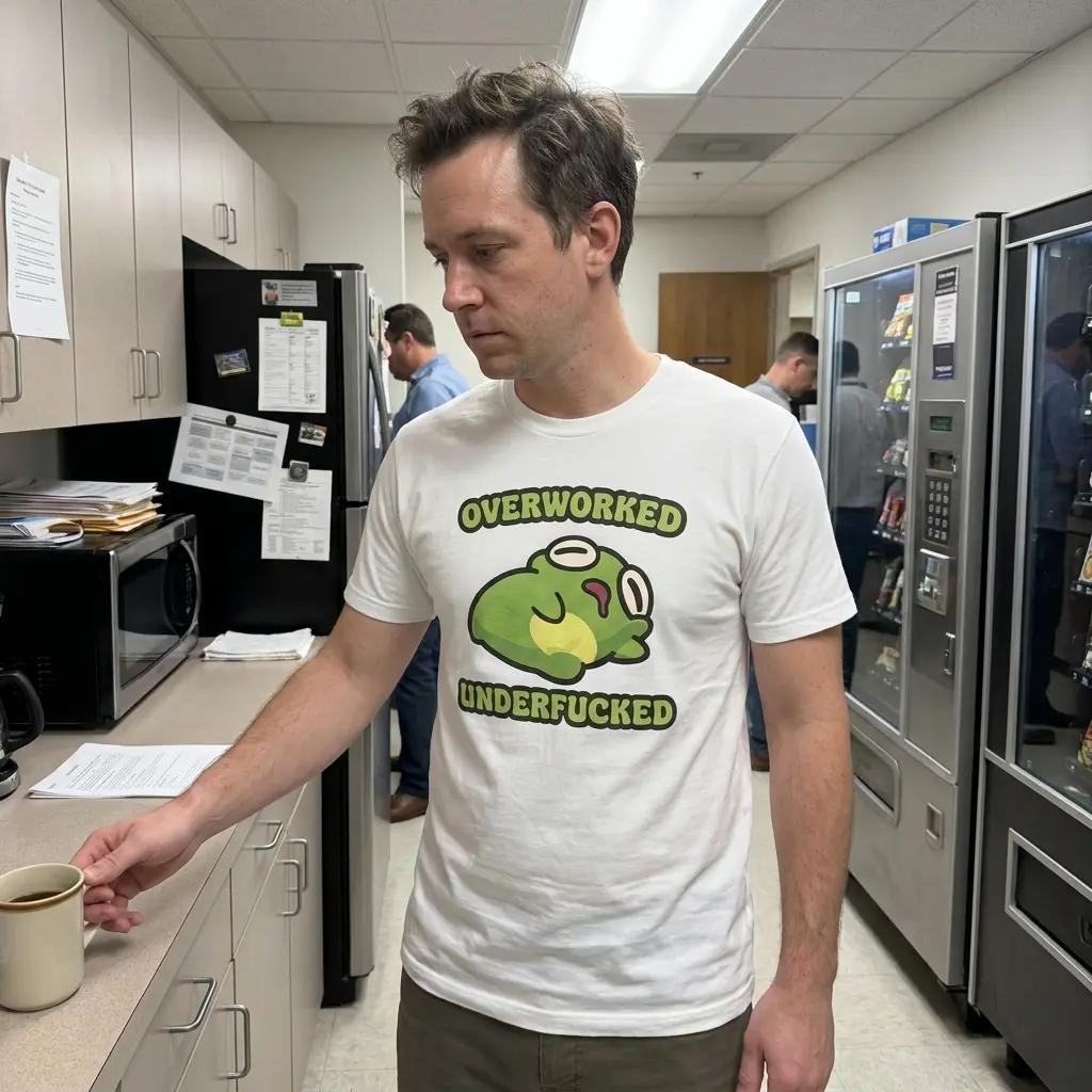 Overworked Underfucked Funny Exhausted Frog T-Shirt 5 Lifestyle view showcasing the Overworked Underfucked exhausted frog t-shirt in everyday wear.