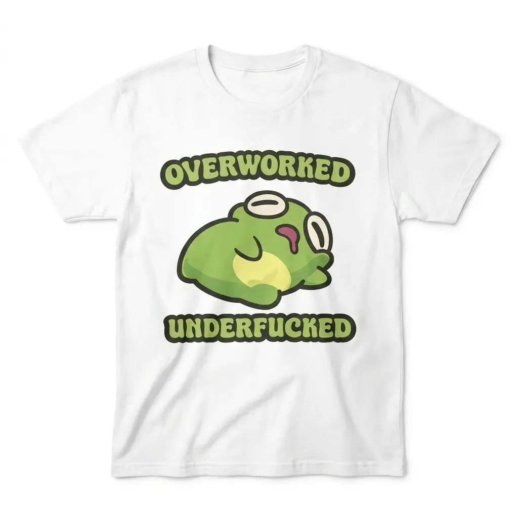 Overworked Underfucked Funny Exhausted Frog T-Shirt 1 Flat lay of a white t-shirt featuring an exhausted green frog graphic with Overworked Underfucked text.