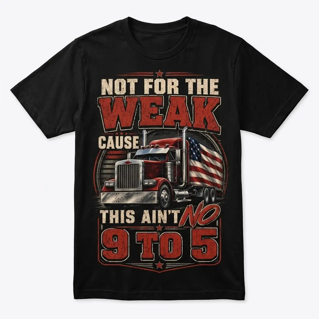 Patriotic American Flag Semi Truck Ain't No 9 To 5 T-Shirt 1 Patriotic American Flag Semi Truck Ain't No 9 To 5 T-Shirt flatlay on a black tee with a red big rig and flag trailer