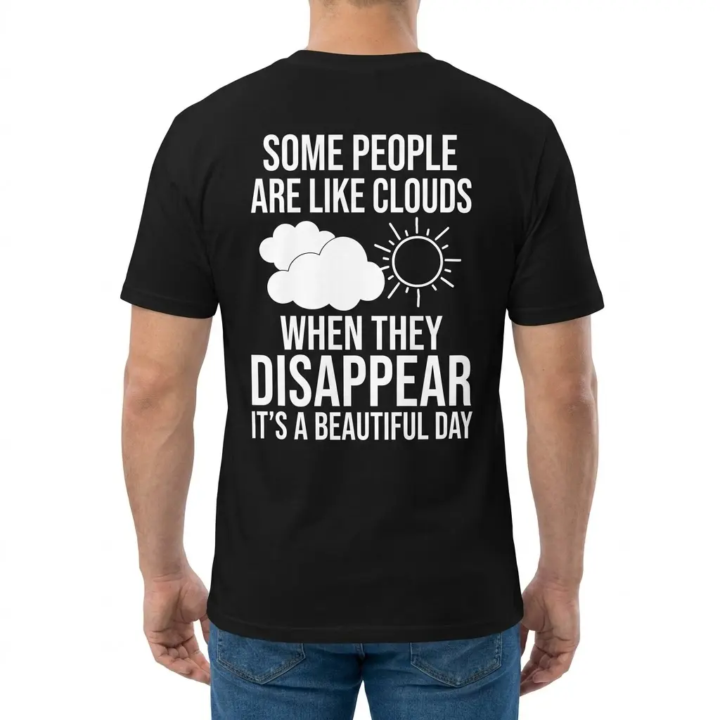 Back view of a man wearing the black People Are Like Clouds Shirt.