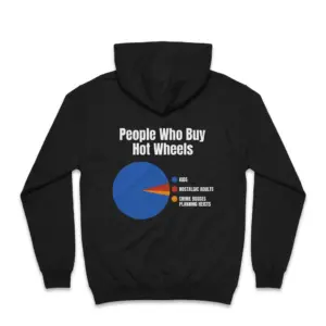 People Who Buy Hot Wheels Pie Chart Funny T-Shirt 7 Cozy pullover hoodie displaying black tee back print reading People Who Buy Hot Wheels above a colorful pie chart joke