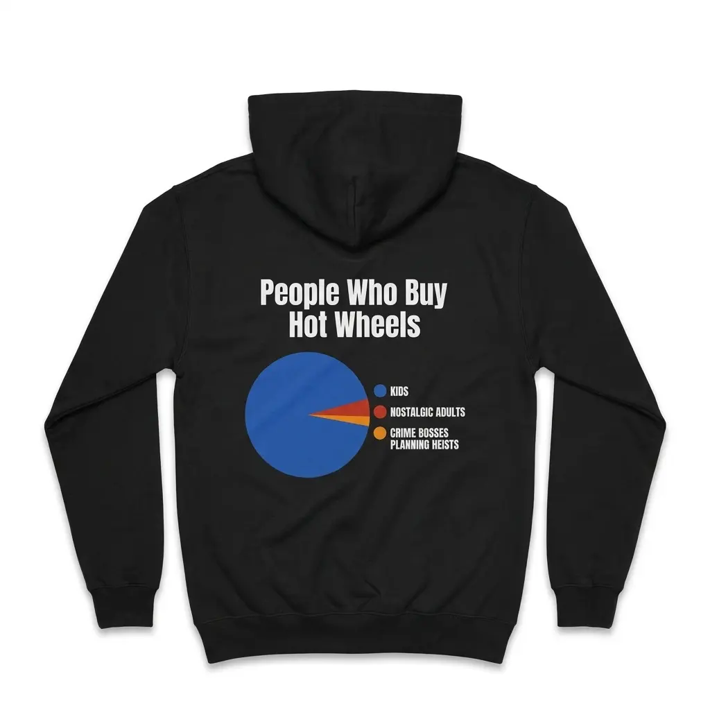 People Who Buy Hot Wheels Pie Chart Funny T-Shirt 2 Cozy pullover hoodie displaying black tee back print reading People Who Buy Hot Wheels above a colorful pie chart joke