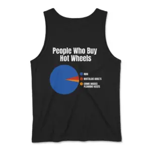 People Who Buy Hot Wheels Pie Chart Funny T-Shirt 8 Sleeveless casual tank top with black tee back print reading People Who Buy Hot Wheels above a colorful pie chart joke