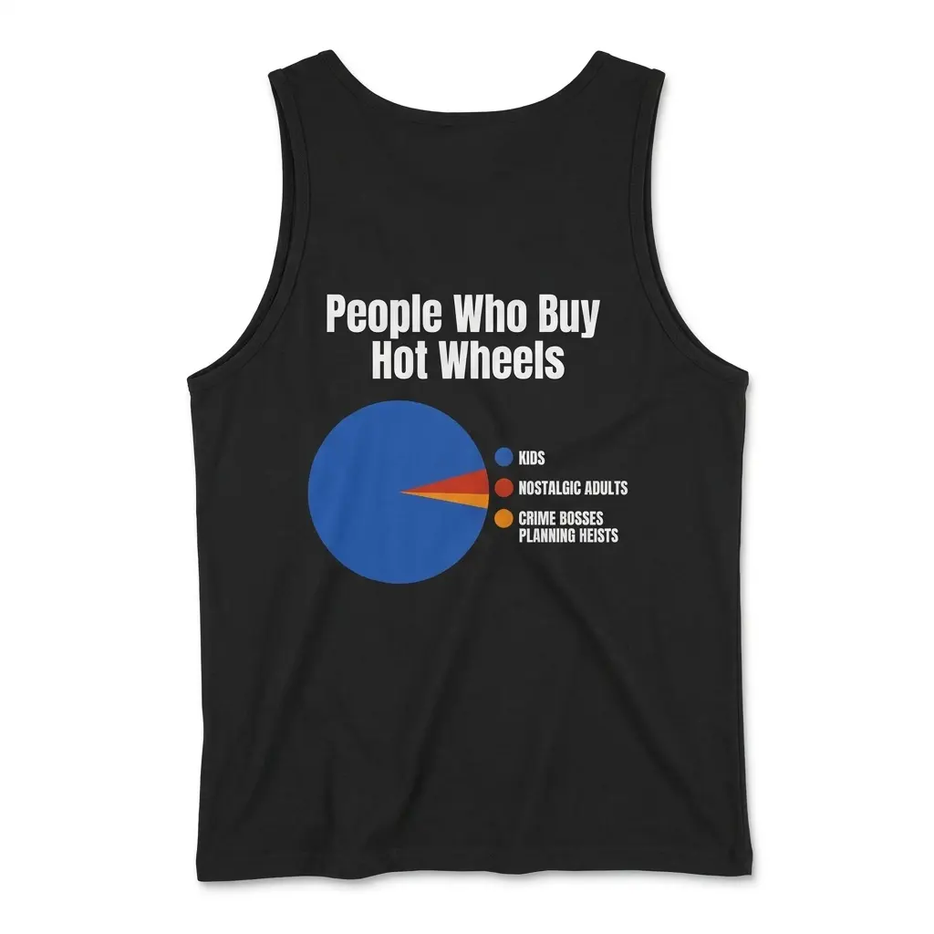 People Who Buy Hot Wheels Pie Chart Funny T-Shirt 3 Sleeveless casual tank top with black tee back print reading People Who Buy Hot Wheels above a colorful pie chart joke