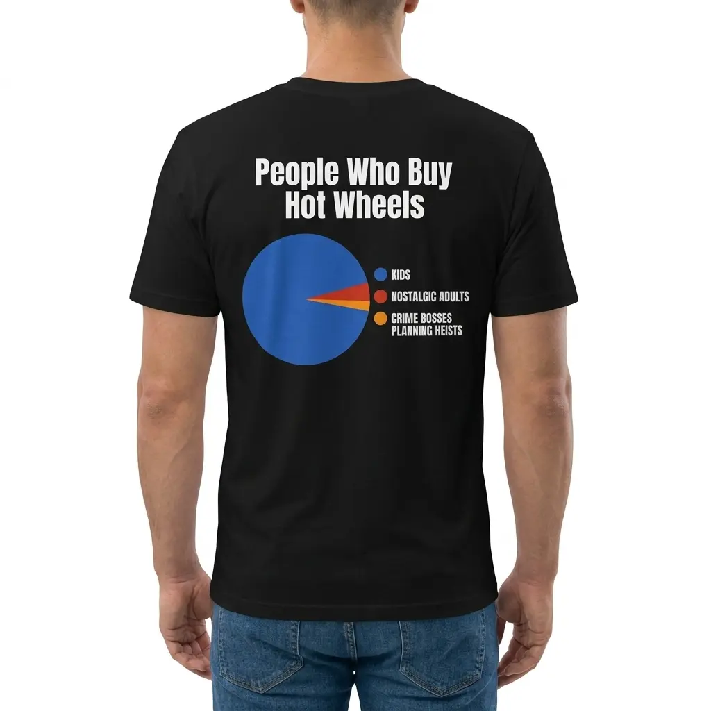 People Who Buy Hot Wheels Pie Chart Funny T-Shirt 4 Man wearing black graphic tee with black tee back print reading People Who Buy Hot Wheels above a colorful pie chart joke