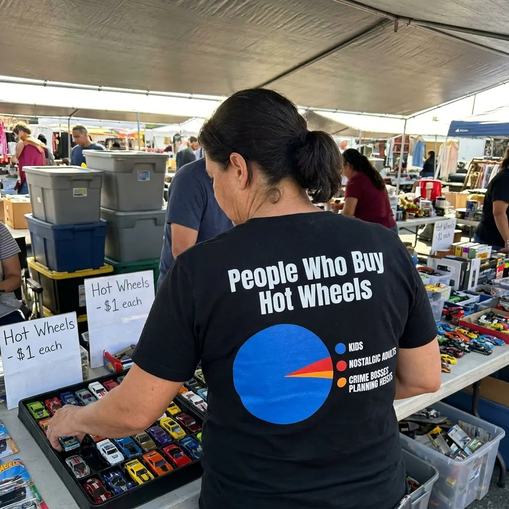 People Who Buy Hot Wheels Pie Chart Funny T-Shirt 5 Close-up casual look showcasing black tee and black tee back print reading People Who Buy Hot Wheels above a colorful pie chart joke