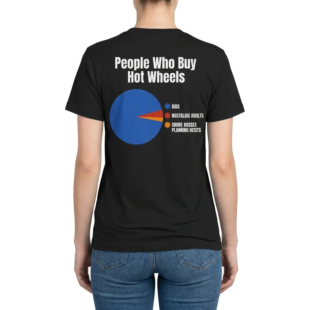 People Who Buy Hot Wheels Pie Chart Funny T-Shirt 6 Woman wearing black cotton tee with black tee back print reading People Who Buy Hot Wheels above a colorful pie chart joke