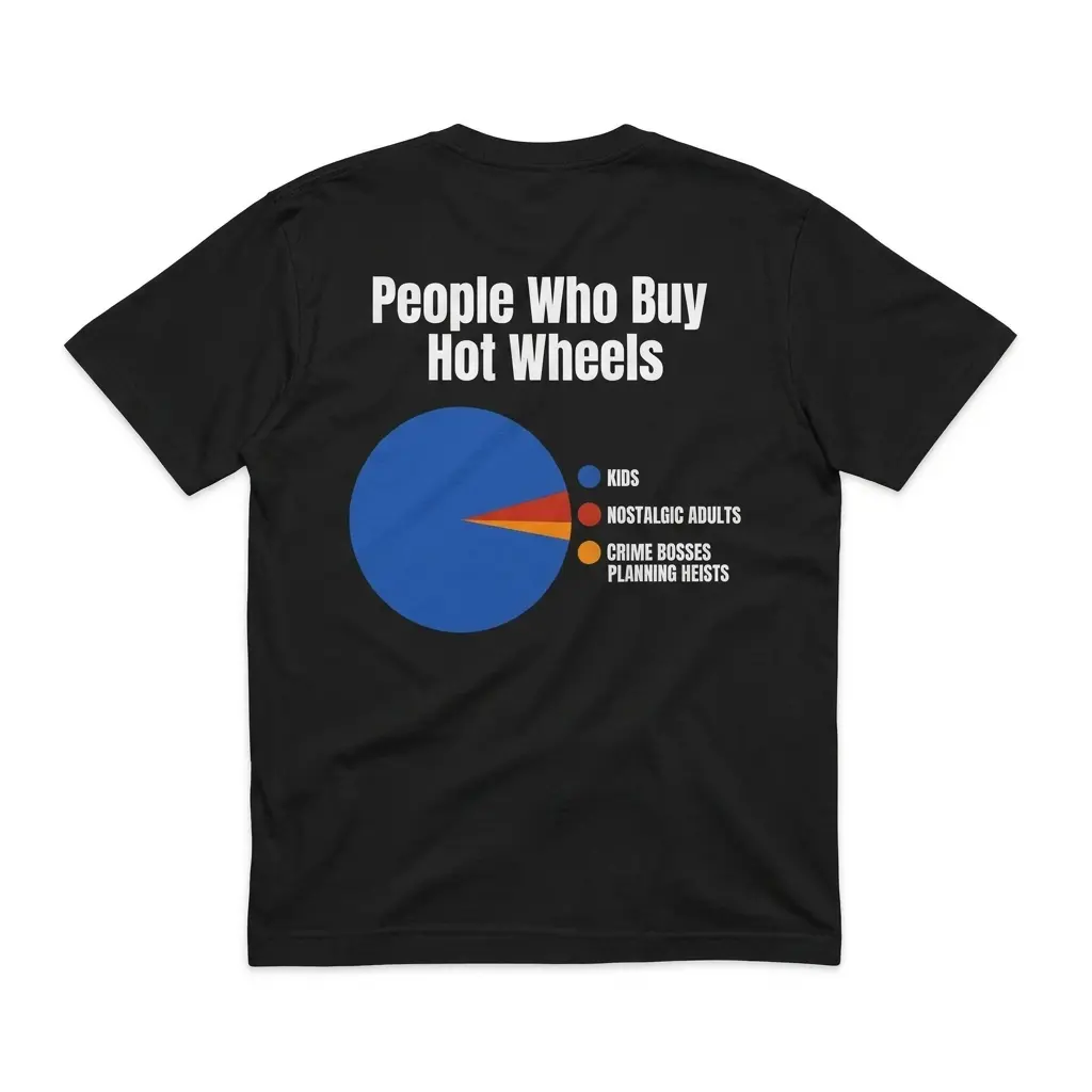 People Who Buy Hot Wheels Pie Chart Funny T-Shirt 1 Flatlay black t-shirt featuring black tee back print reading People Who Buy Hot Wheels above a colorful pie chart joke