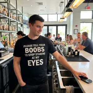 Please Tell Your Boobs to Stop Staring at My Eyes T-Shirt 10 Lifestyle view of the shirt featuring the bold white “Please Tell Your Boobs to Stop Staring at My Eyes” design