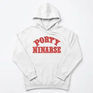 Porty Ninarse Funny Football Parody T-Shirt 7 Porty Ninarse hoodie laid flat from the front with bold red sports parody typography on the chest.