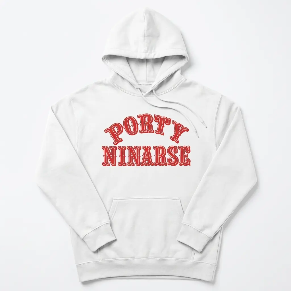 Porty Ninarse hoodie laid flat from the front with bold red sports parody typography on the chest.