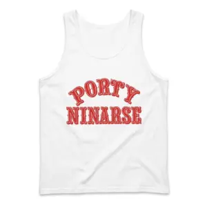 Porty Ninarse Funny Football Parody T-Shirt 8 Porty Ninarse tank top laid flat from the front, featuring bold red football parody lettering.