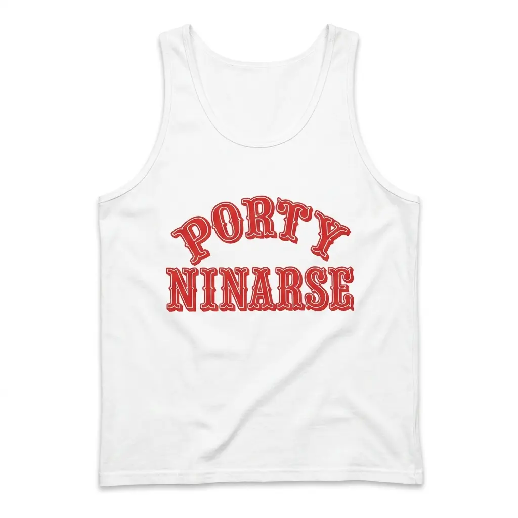 Porty Ninarse tank top laid flat from the front, featuring bold red football parody lettering.