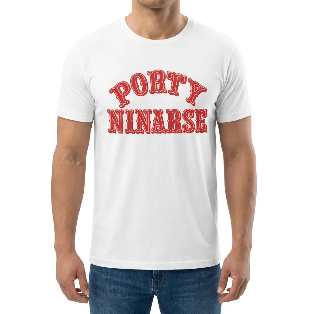 Man wearing the Porty Ninarse shirt, shown from the front with bold red Forty Niners parody typography.