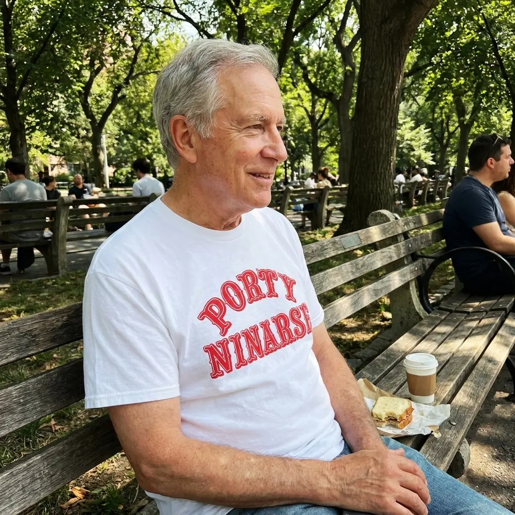 Porty Ninarse shirt shown in a lifestyle view with its bold red vintage sports parody typography visible.