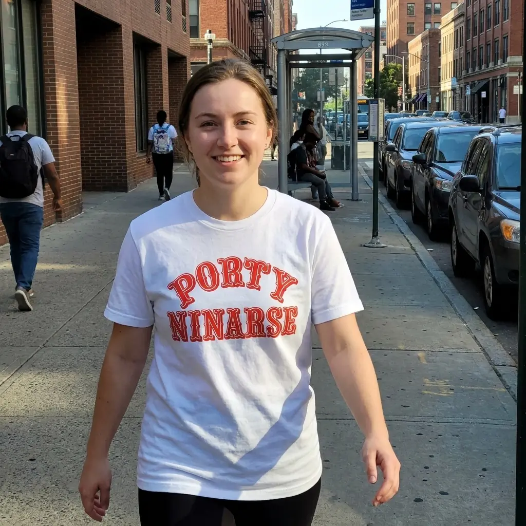 Lifestyle view of the Porty Ninarse shirt displaying its distinctive red athletic parody lettering.