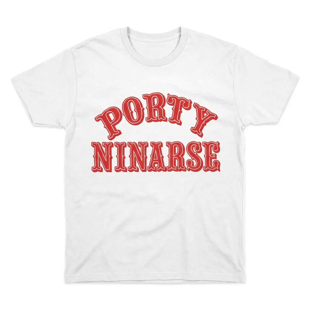 White Porty Ninarse T-shirt laid flat, featuring bold red collegiate typography parodying Forty Niners football.