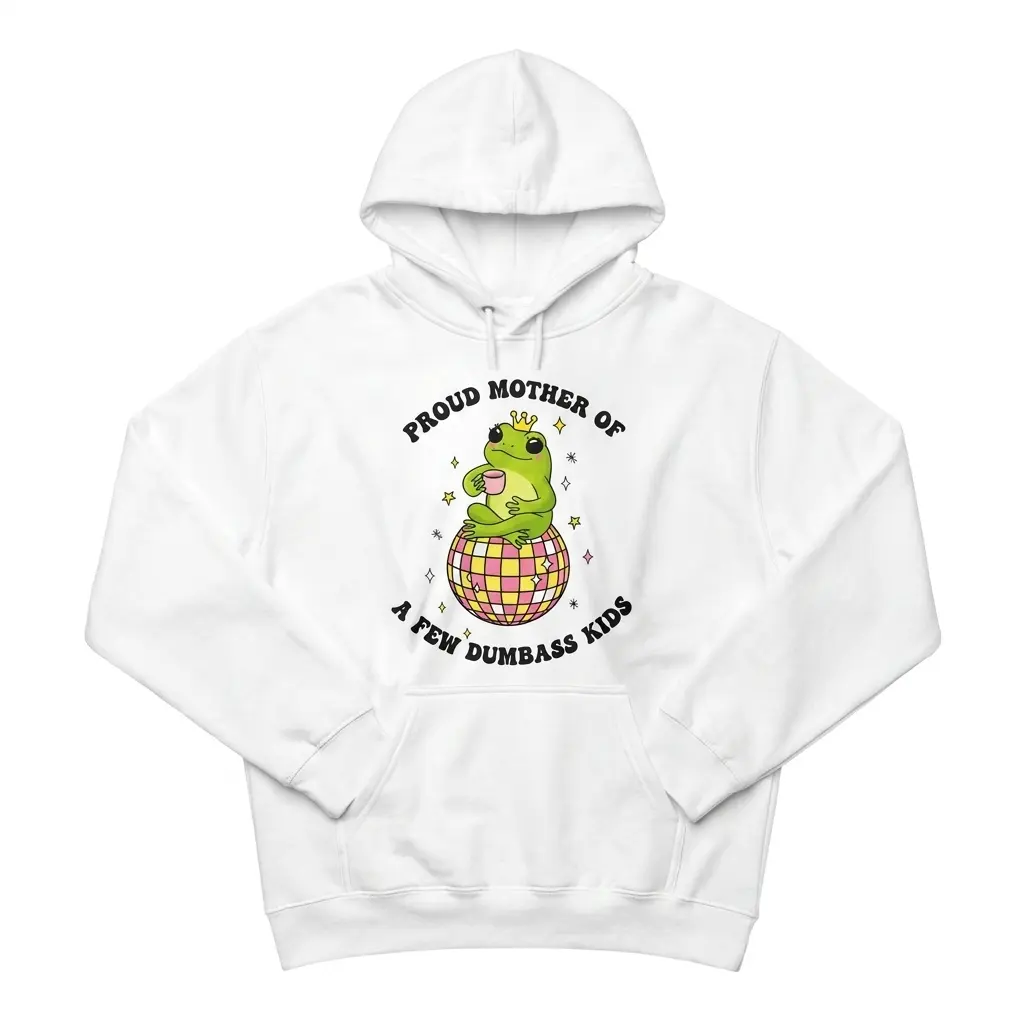 Proud Mother of Dumbass Kids Frog Disco T-Shirt 2 Front flat lay of a hoodie featuring the Proud Mother of a Few Dumbass Kids crowned frog graphic.
