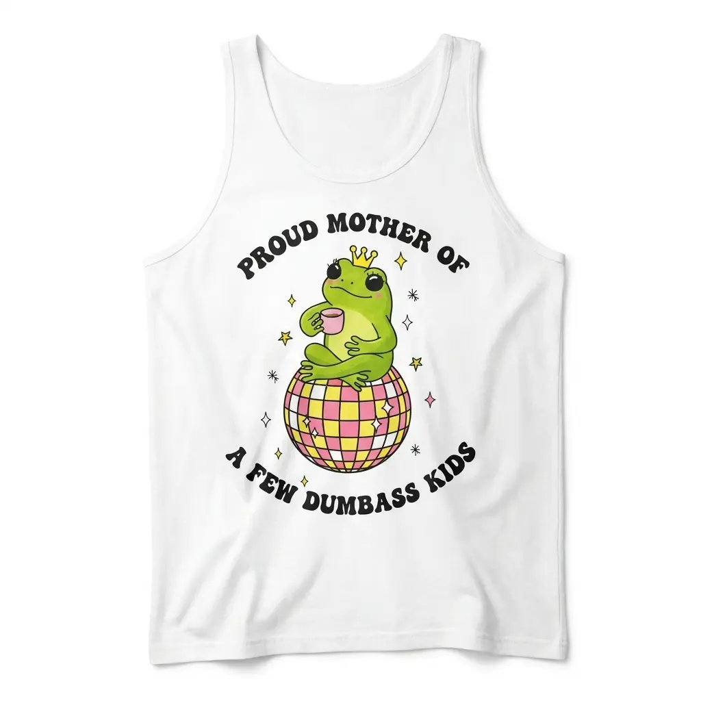 Proud Mother of Dumbass Kids Frog Disco T-Shirt 3 Flat lay of a tank top featuring a crowned frog sitting on a disco ball with humorous mother text.