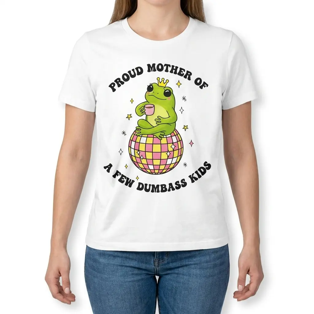 Proud Mother of Dumbass Kids Frog Disco T-Shirt 4 Woman wearing the white proud mother frog shirt featuring the crowned frog on a disco ball design.