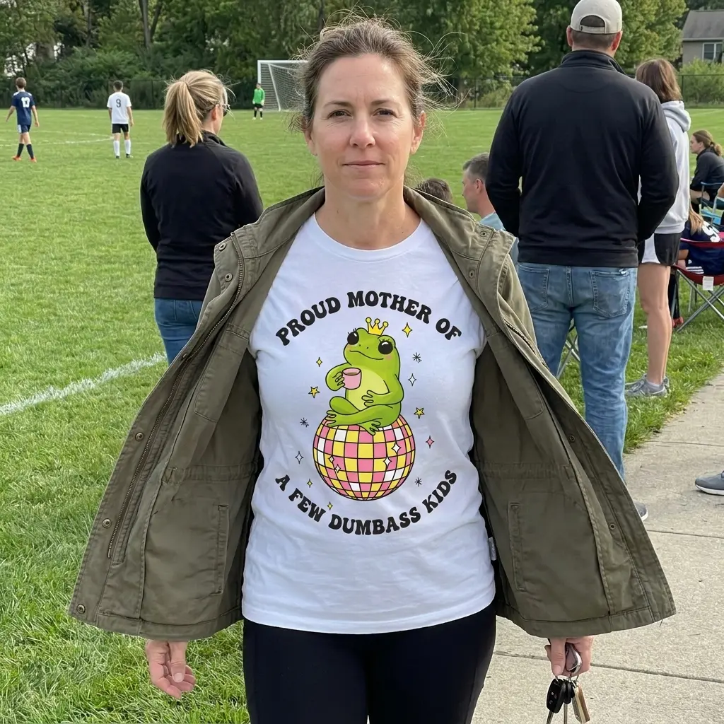 Proud Mother of Dumbass Kids Frog Disco T-Shirt 6 The proud mother frog t-shirt displayed in an everyday lifestyle context.
