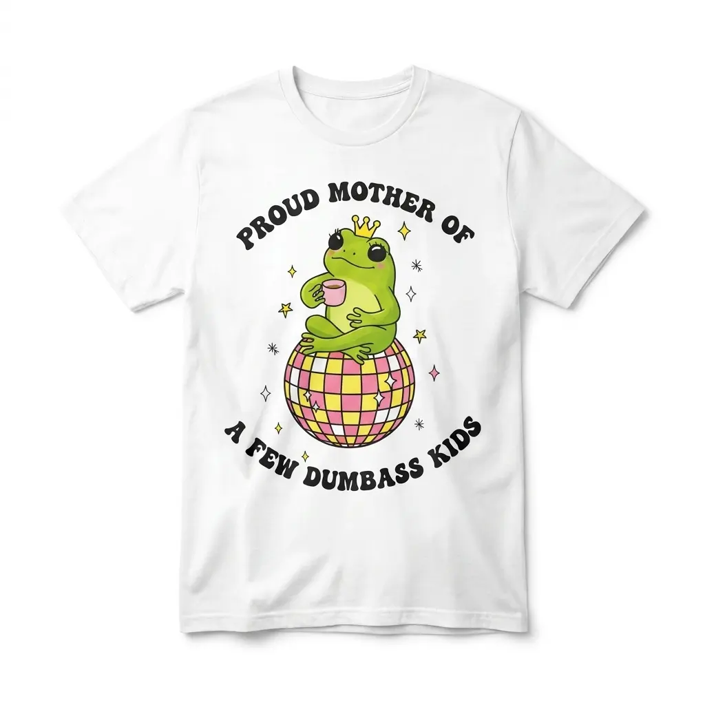 Proud Mother of Dumbass Kids Frog Disco T-Shirt 1 Flat lay of a white t-shirt reading Proud Mother of a Few Dumbass Kids with a crowned frog on a disco ball.