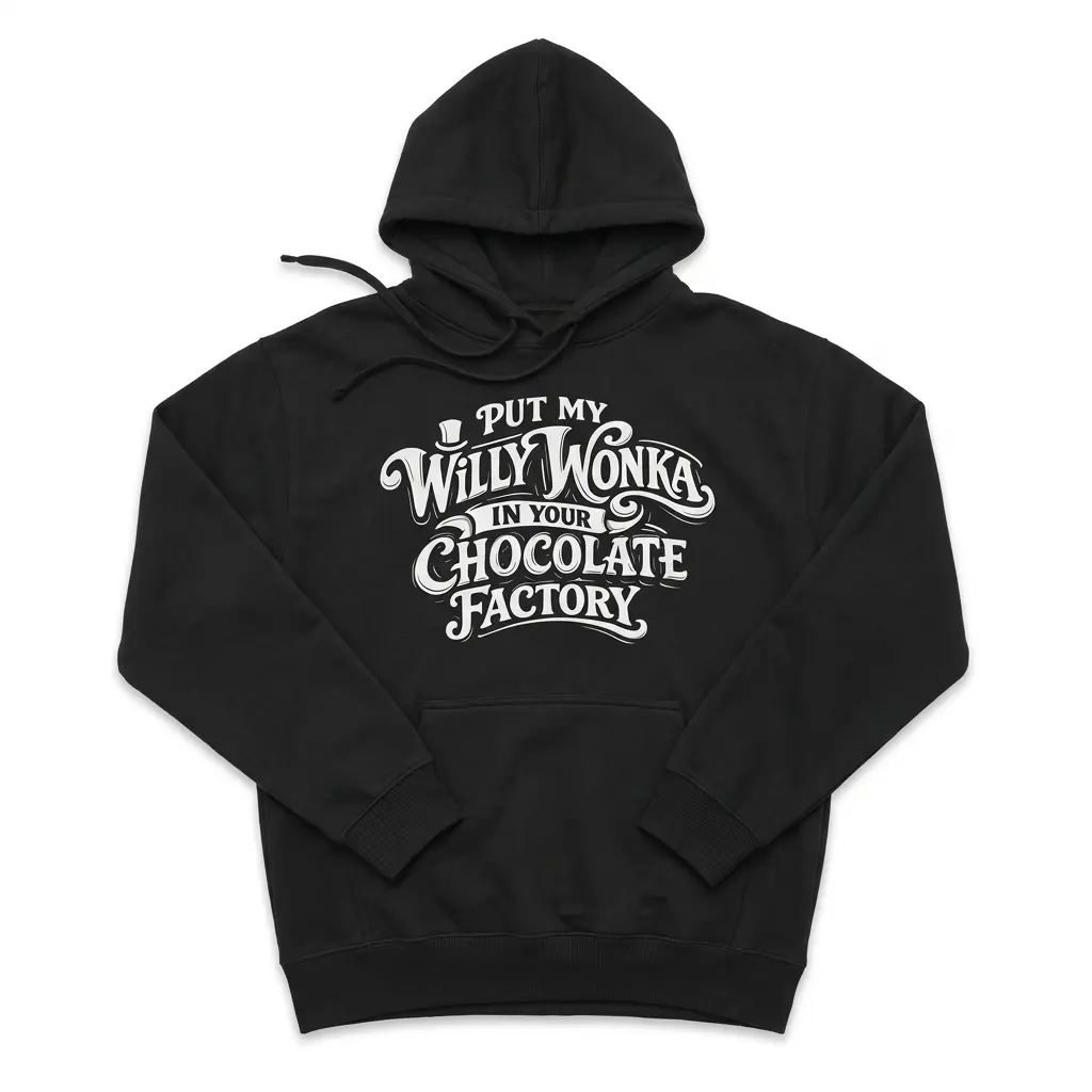 Put My Willy Wonka In Your Chocolate Factory Funny T-Shirt 2 Cozy pullover hoodie displaying black tee front print reading PUT MY WILLY WONKA IN YOUR CHOCOLATE FACTORY with a top hat icon