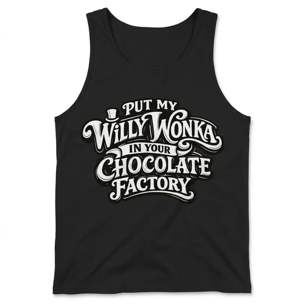 Put My Willy Wonka In Your Chocolate Factory Funny T-Shirt 3 Sleeveless casual tank top with black tee front print reading PUT MY WILLY WONKA IN YOUR CHOCOLATE FACTORY with a top hat icon