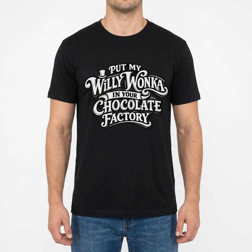 Put My Willy Wonka In Your Chocolate Factory Funny T-Shirt 4 Man wearing black graphic tee with black tee front print reading PUT MY WILLY WONKA IN YOUR CHOCOLATE FACTORY with a top hat icon