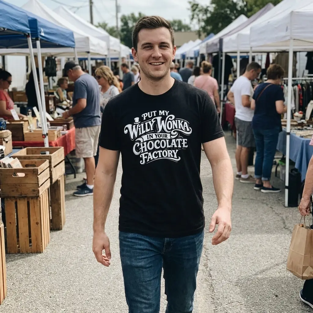 Put My Willy Wonka In Your Chocolate Factory Funny T-Shirt 5 Everyday streetwear outfit styling black shirt with black tee front print reading PUT MY WILLY WONKA IN YOUR CHOCOLATE FACTORY with a top hat icon
