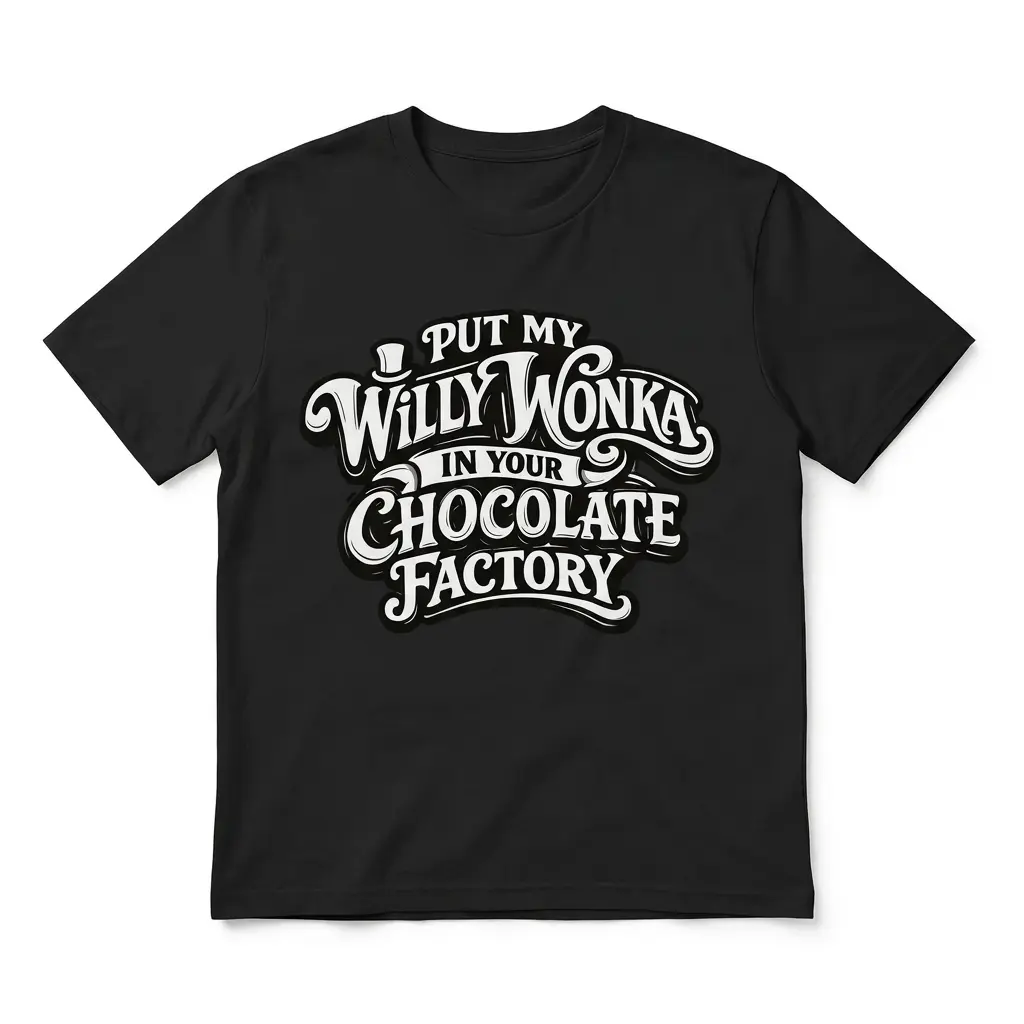 Put My Willy Wonka In Your Chocolate Factory Funny T-Shirt 1 Flatlay black t-shirt featuring black tee front print reading PUT MY WILLY WONKA IN YOUR CHOCOLATE FACTORY with a top hat icon