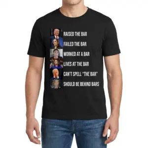 Raised The Bar Funny Political Humor T-Shirt 9 Male model wearing the funny political shirt with the Raised The Bar graphic across the front.