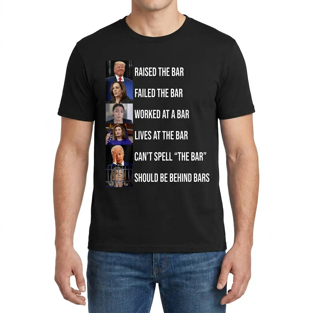 Male model wearing the funny political shirt with the Raised The Bar graphic across the front.