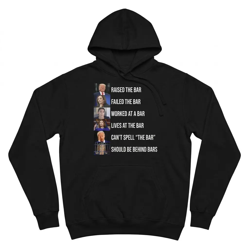 Front flat lay of a black hoodie featuring the Raised The Bar funny political graphic print.