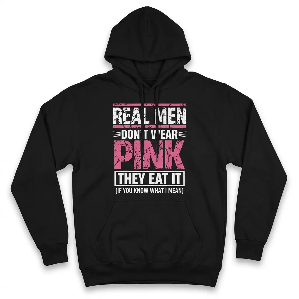 Real Men Don't Wear Pink They Eat It Funny T-Shirt 2 Front flatlay of a hoodie featuring the humorous Real Men Don't Wear Pink design in cracked white and pink typography.